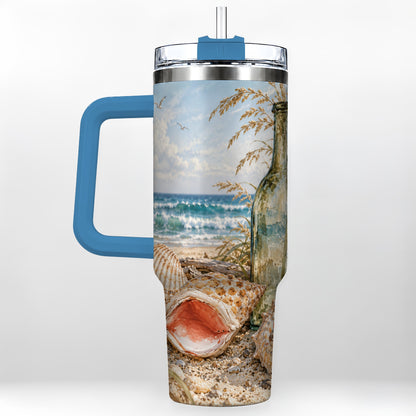 #pl[40oz|Blue] Beach Seashell 40oz Tumbler with Handle, Coastal Ocean Travel Cup