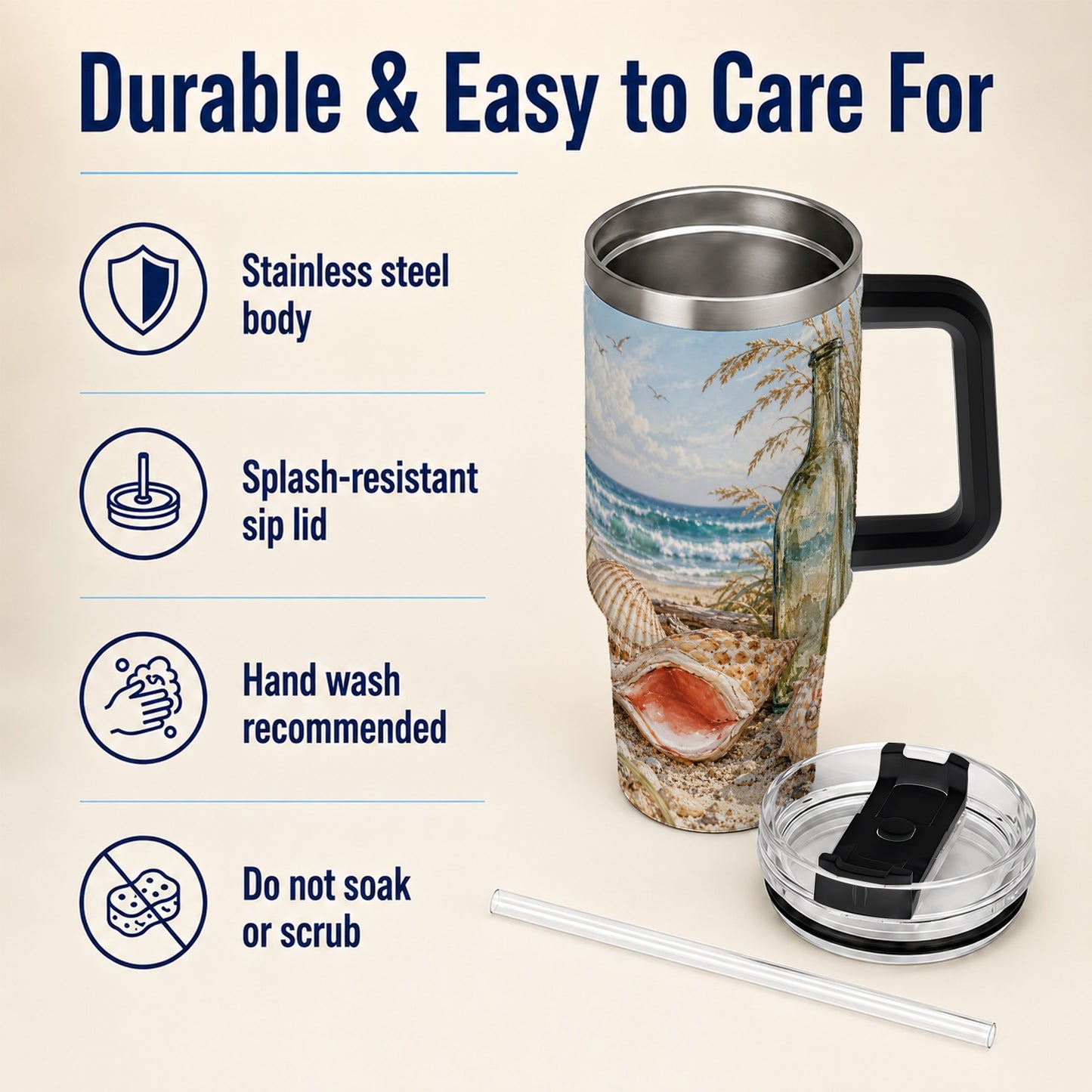 #pl[40oz|Black] Beach Seashell 40oz Tumbler with Handle, Coastal Ocean Travel Cup