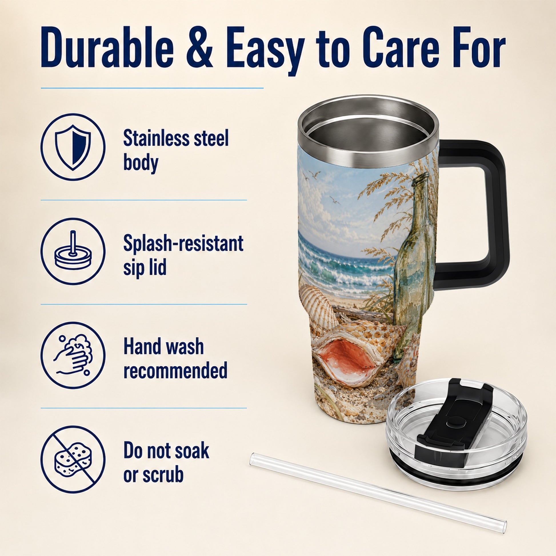 #pl[40oz|Black] Beach Seashell 40oz Tumbler with Handle, Coastal Ocean Travel Cup