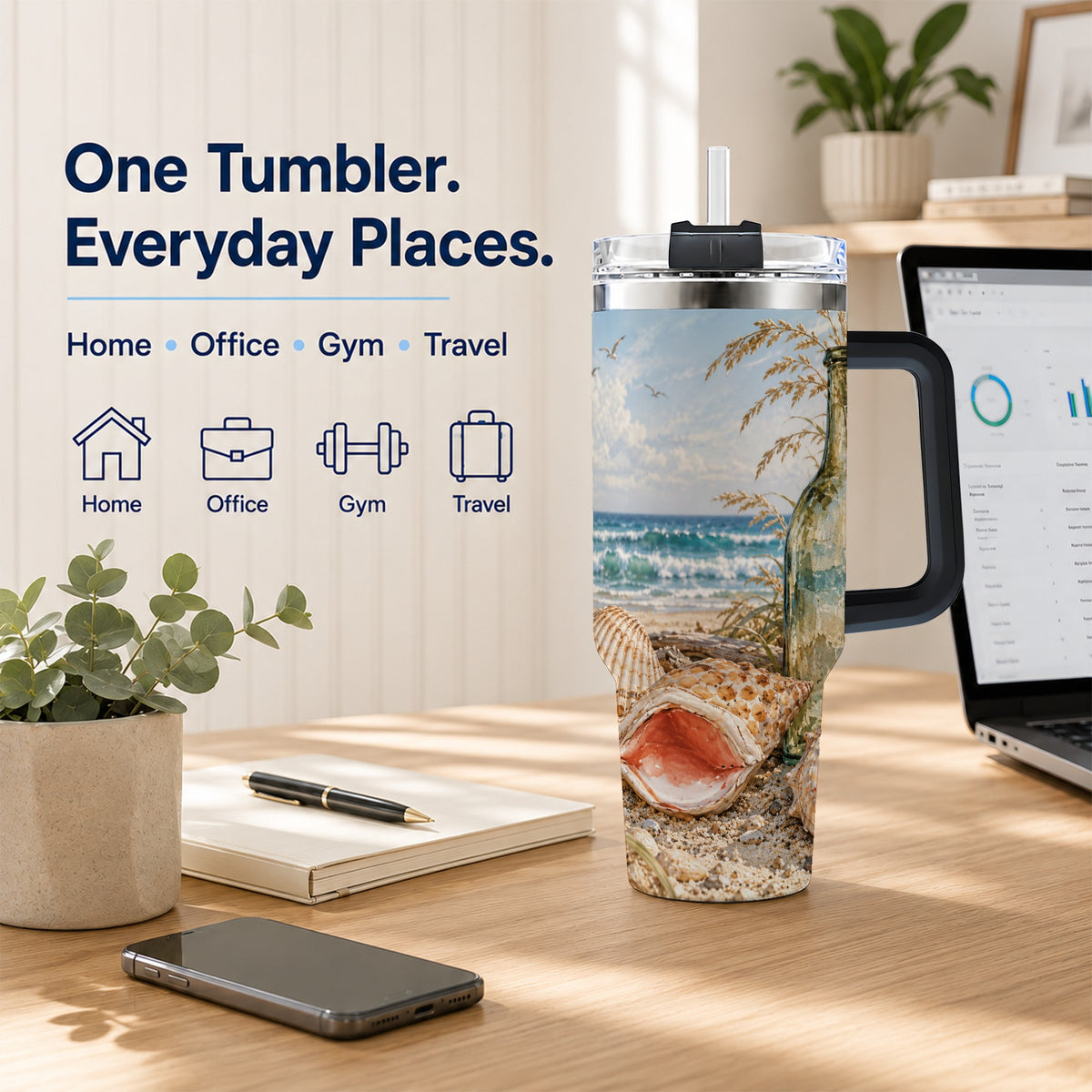 #pl[40oz|Black] Beach Seashell 40oz Tumbler with Handle, Coastal Ocean Travel Cup