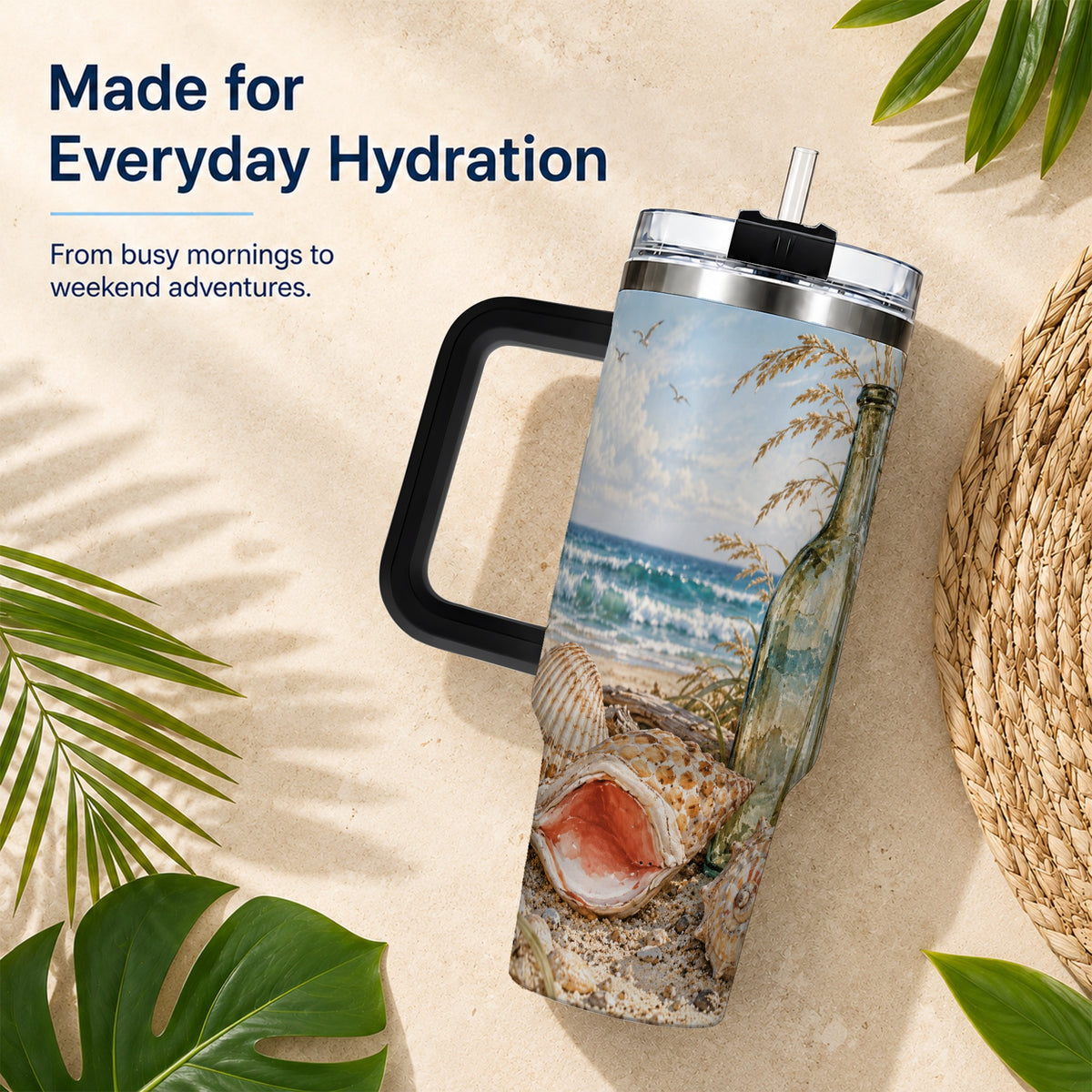 #pl[40oz|Black] Beach Seashell 40oz Tumbler with Handle, Coastal Ocean Travel Cup