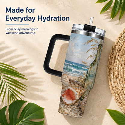 #pl[40oz|Black] Beach Seashell 40oz Tumbler with Handle, Coastal Ocean Travel Cup
