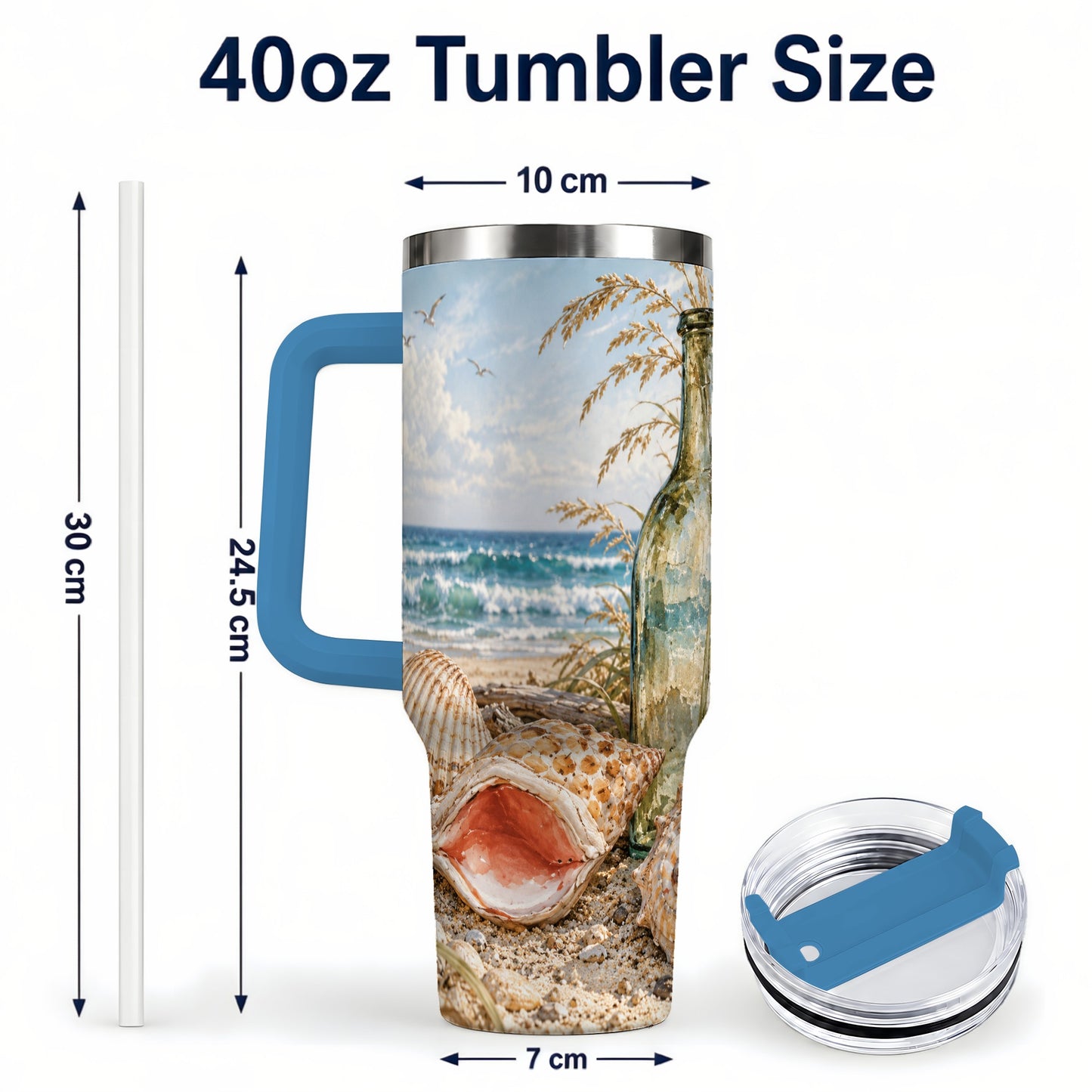 #pl[40oz|Blue] Beach Seashell 40oz Tumbler with Handle, Coastal Ocean Travel Cup