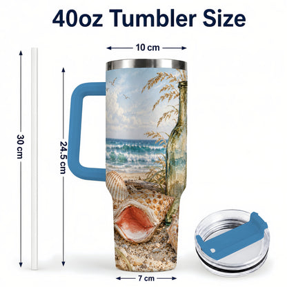 #pl[40oz|Blue] Beach Seashell 40oz Tumbler with Handle, Coastal Ocean Travel Cup