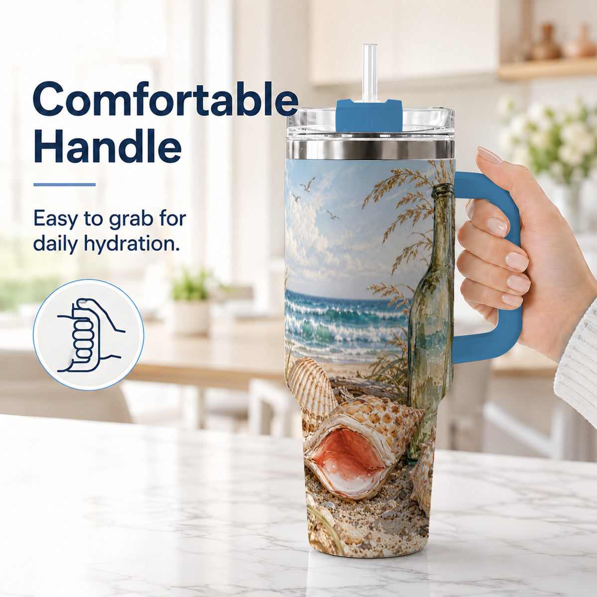 #pl[40oz|Blue] Beach Seashell 40oz Tumbler with Handle, Coastal Ocean Travel Cup
