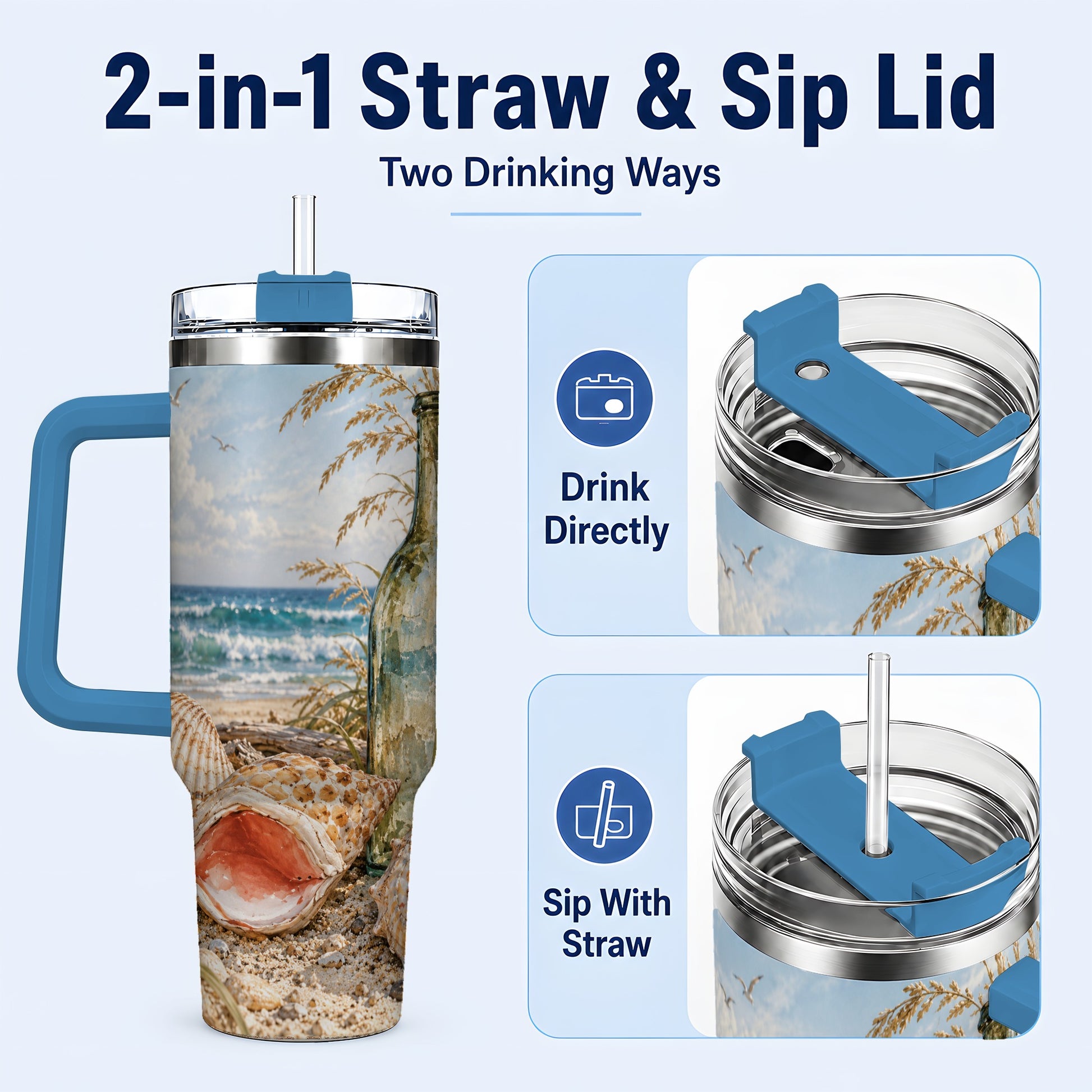 #pl[40oz|Blue] Beach Seashell 40oz Tumbler with Handle, Coastal Ocean Travel Cup