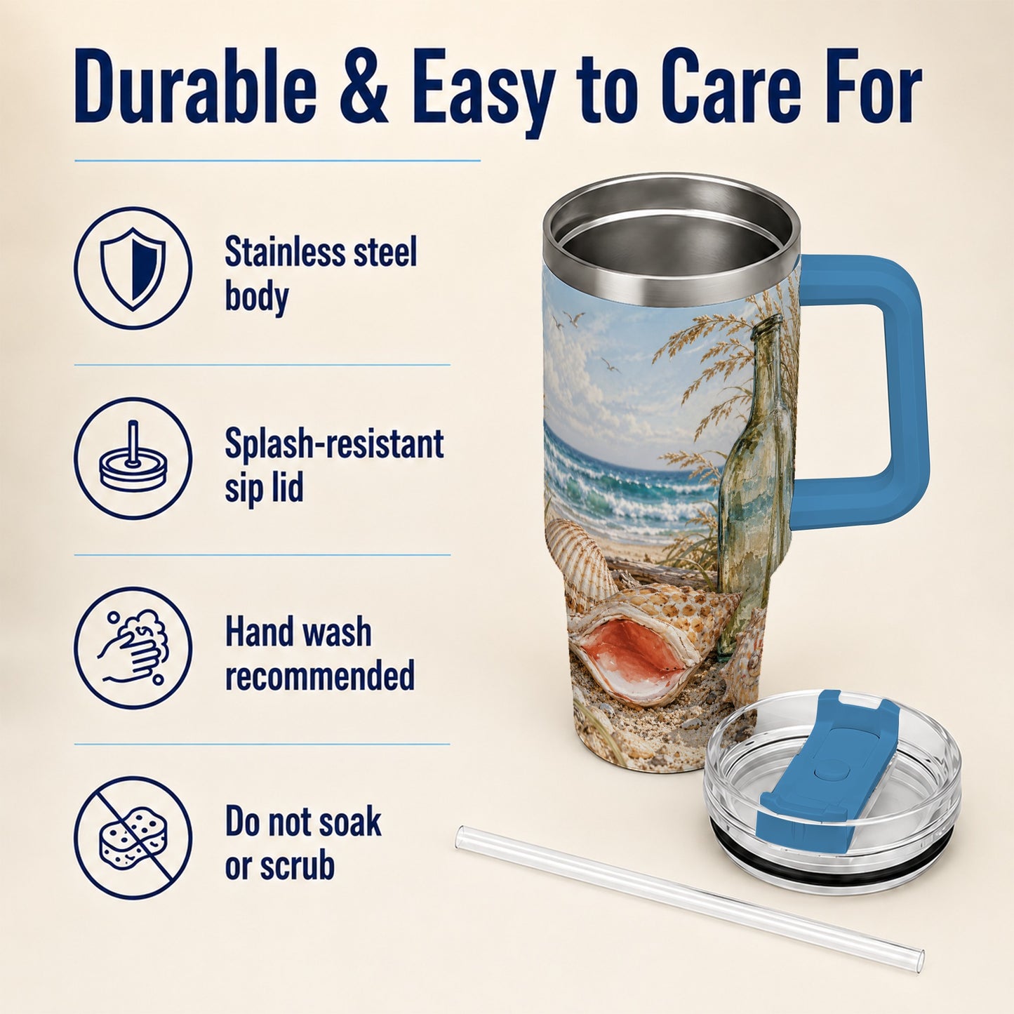#pl[40oz|Blue] Beach Seashell 40oz Tumbler with Handle, Coastal Ocean Travel Cup