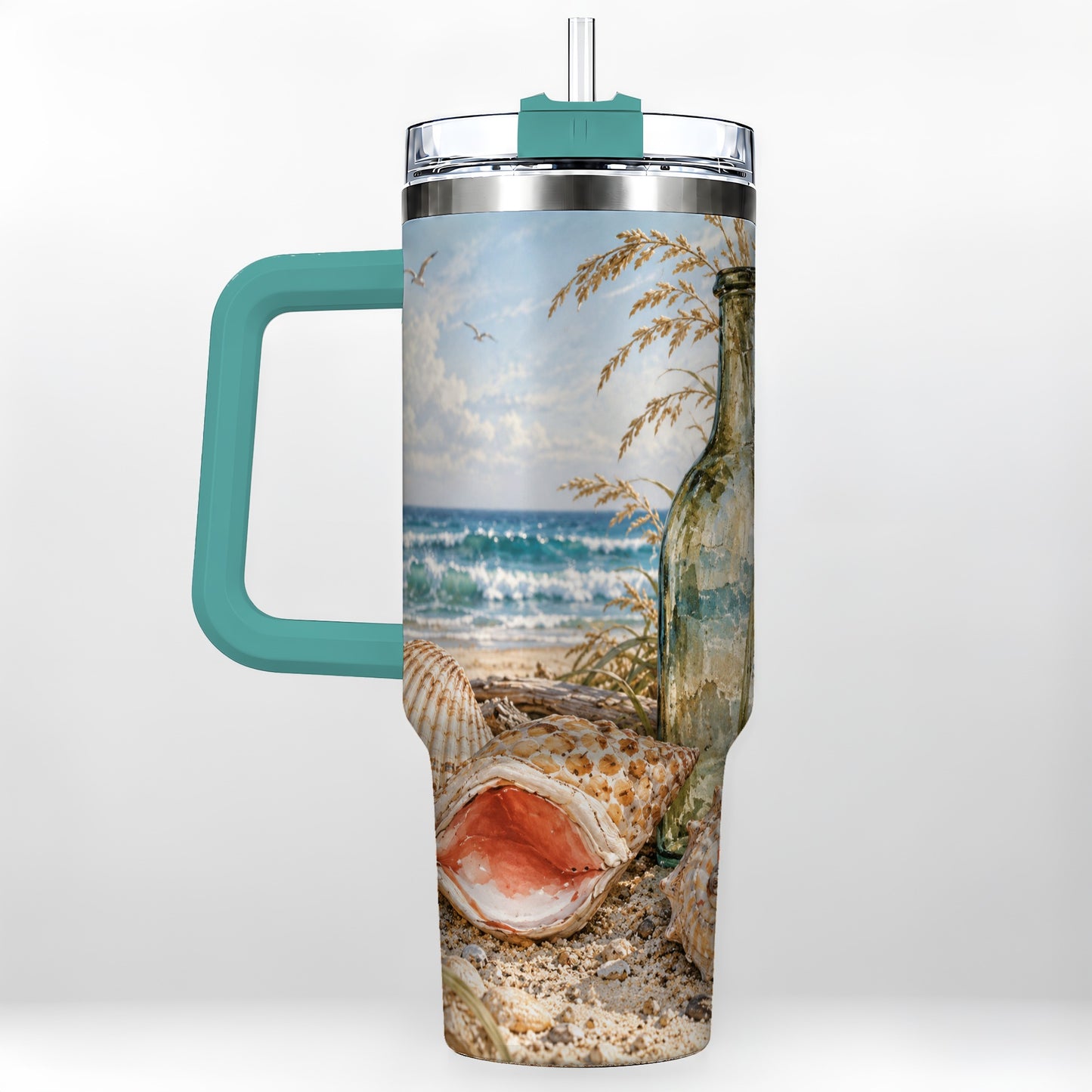 #pl[40oz|Green] Beach Seashell 40oz Tumbler with Handle, Coastal Ocean Travel Cup