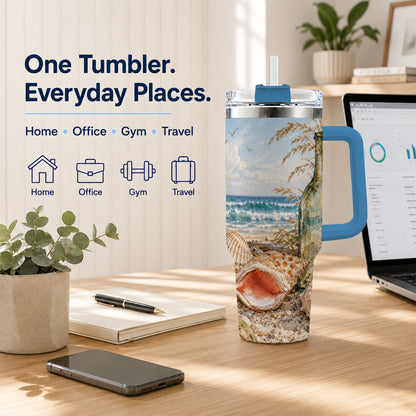 #pl[40oz|Blue] Beach Seashell 40oz Tumbler with Handle, Coastal Ocean Travel Cup