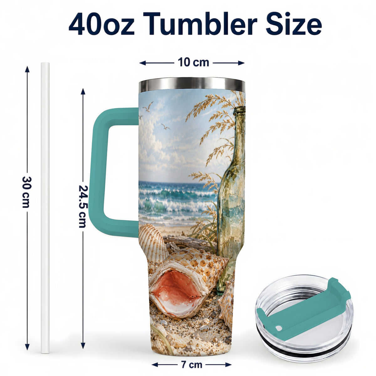 #pl[40oz|Green] Beach Seashell 40oz Tumbler with Handle, Coastal Ocean Travel Cup
