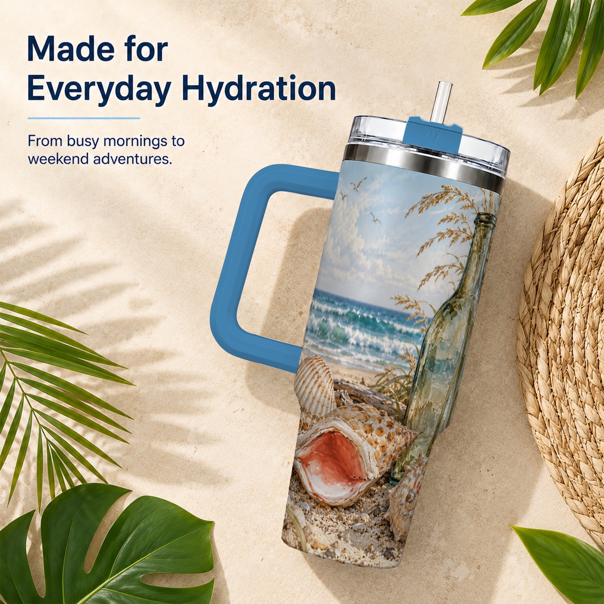 #pl[40oz|Blue] Beach Seashell 40oz Tumbler with Handle, Coastal Ocean Travel Cup
