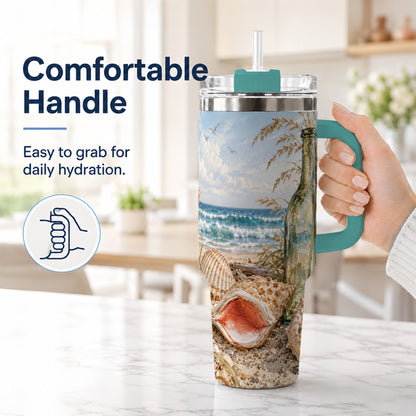 #pl[40oz|Green] Beach Seashell 40oz Tumbler with Handle, Coastal Ocean Travel Cup