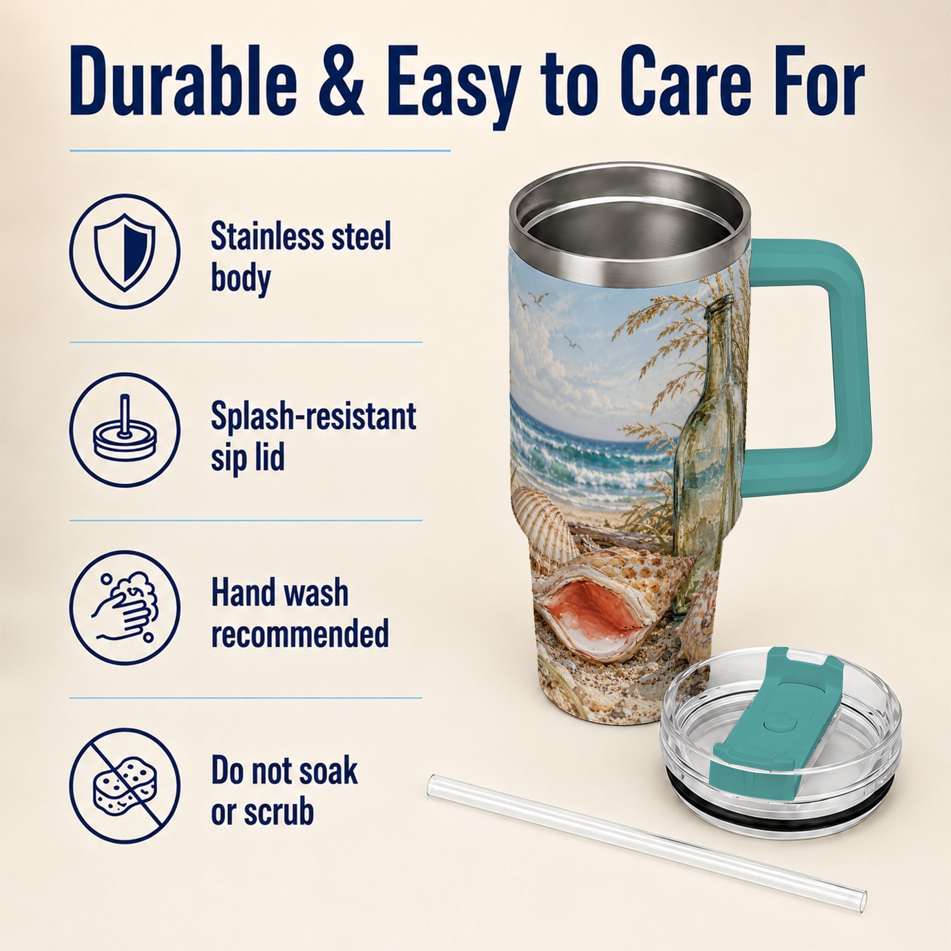 #pl[40oz|Green] Beach Seashell 40oz Tumbler with Handle, Coastal Ocean Travel Cup