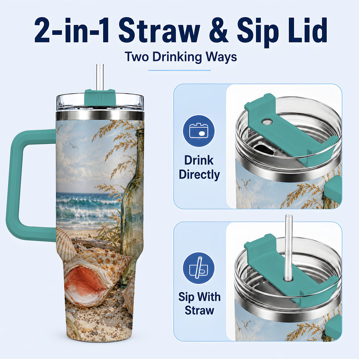 #pl[40oz|Green] Beach Seashell 40oz Tumbler with Handle, Coastal Ocean Travel Cup