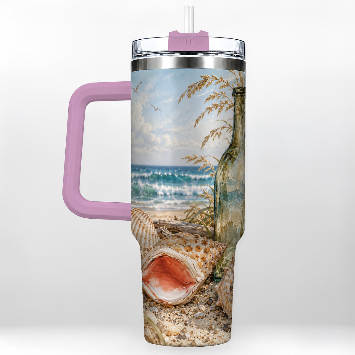 #pl[40oz|Pink] Beach Seashell 40oz Tumbler with Handle, Coastal Ocean Travel Cup