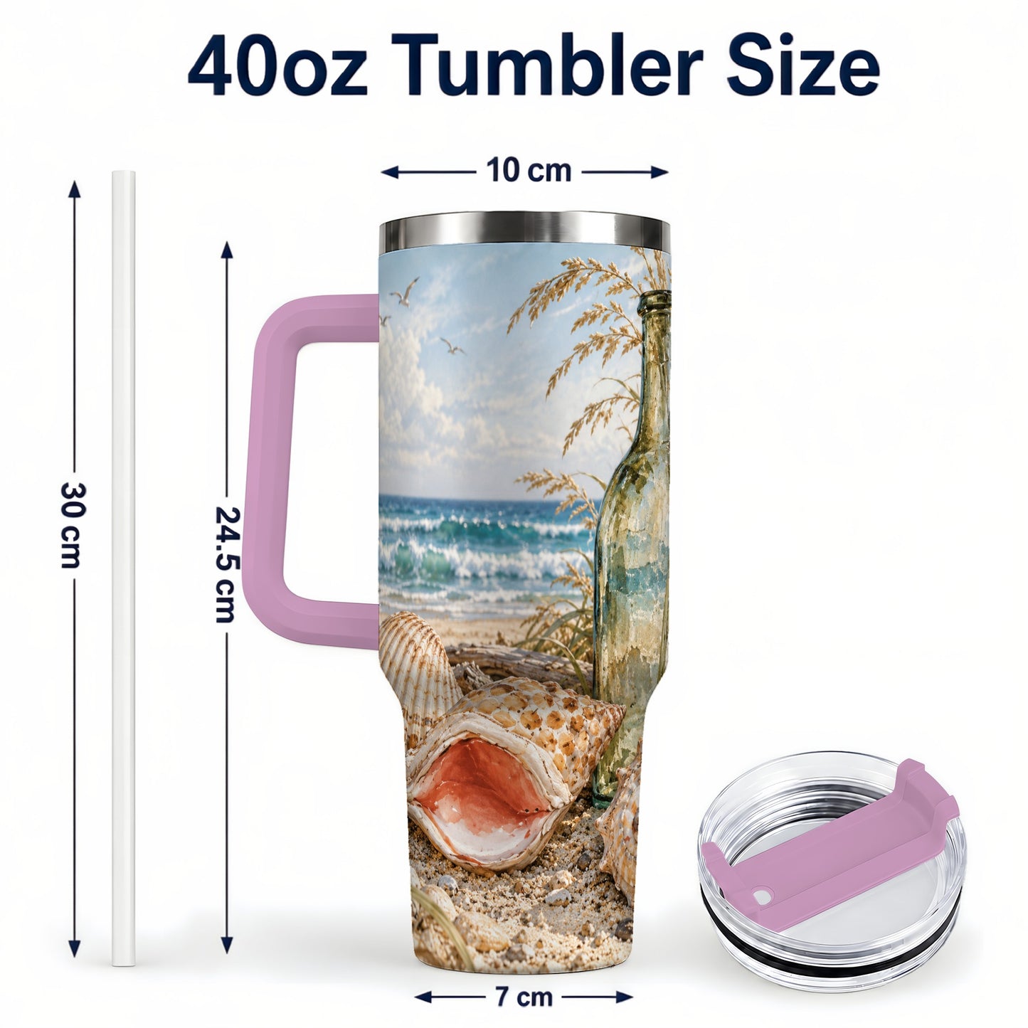 #pl[40oz|Pink] Beach Seashell 40oz Tumbler with Handle, Coastal Ocean Travel Cup
