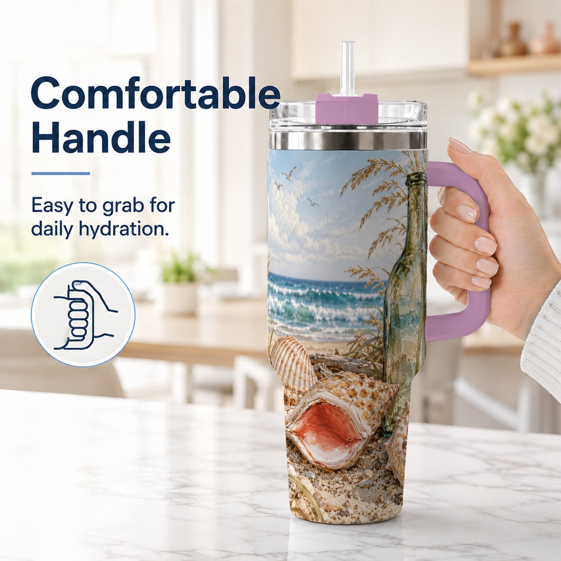 #pl[40oz|Pink] Beach Seashell 40oz Tumbler with Handle, Coastal Ocean Travel Cup