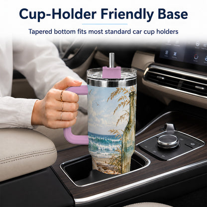 #pl[40oz|Pink] Beach Seashell 40oz Tumbler with Handle, Coastal Ocean Travel Cup