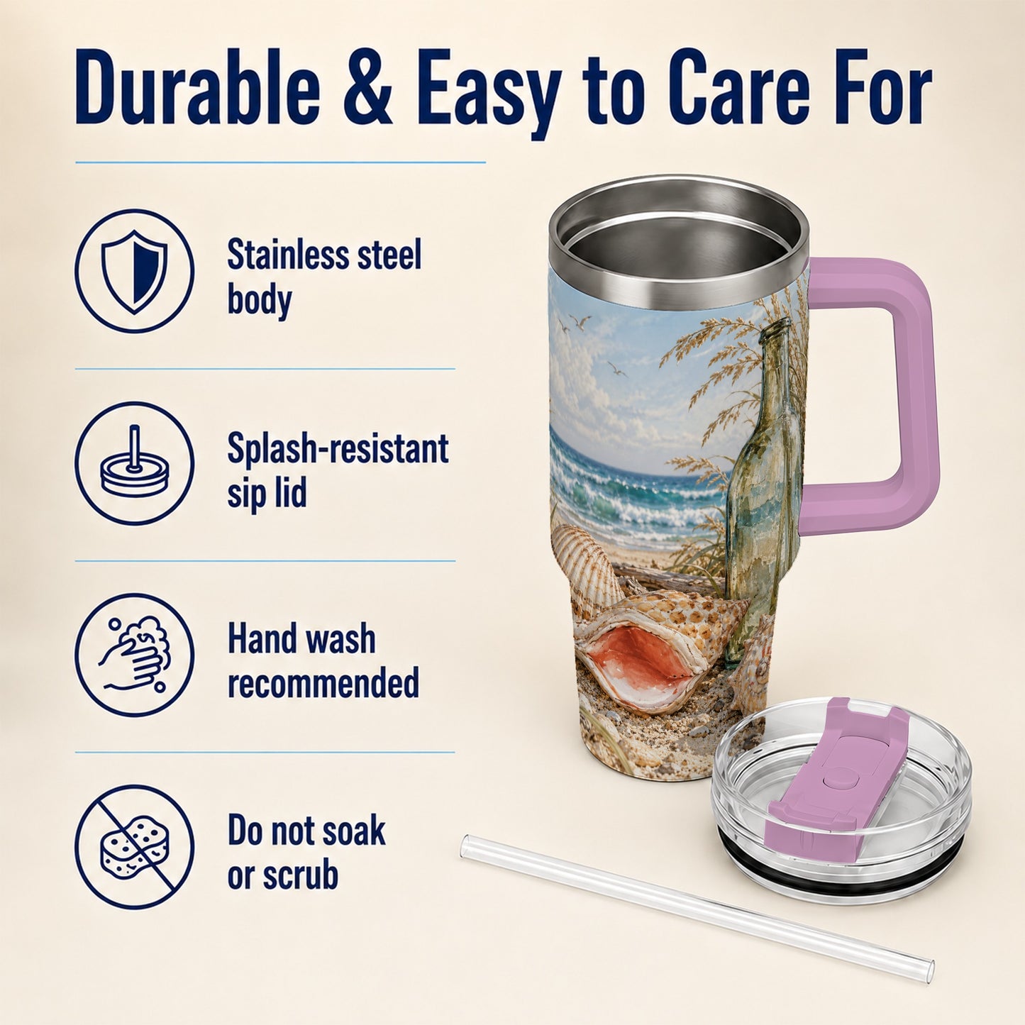 #pl[40oz|Pink] Beach Seashell 40oz Tumbler with Handle, Coastal Ocean Travel Cup