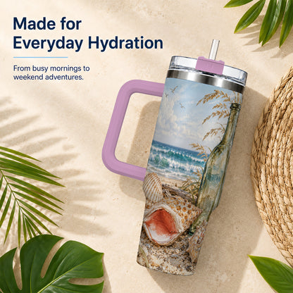 #pl[40oz|Pink] Beach Seashell 40oz Tumbler with Handle, Coastal Ocean Travel Cup