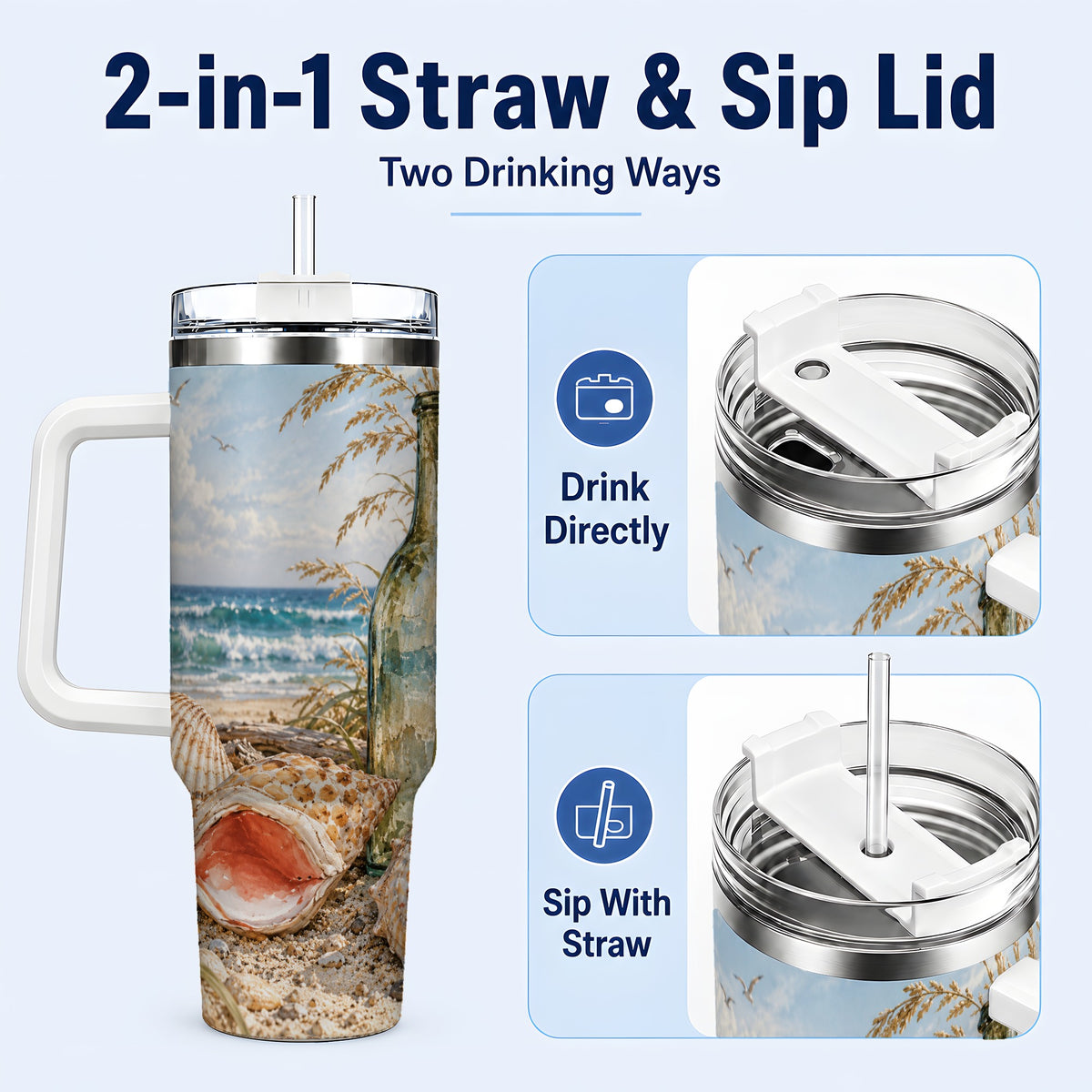 #pl[40oz|White] Beach Seashell 40oz Tumbler with Handle, Coastal Ocean Travel Cup