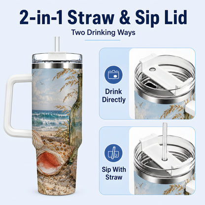 #pl[40oz|White] Beach Seashell 40oz Tumbler with Handle, Coastal Ocean Travel Cup