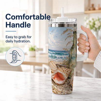 #pl[40oz|White] Beach Seashell 40oz Tumbler with Handle, Coastal Ocean Travel Cup