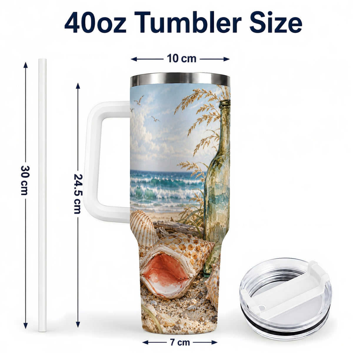 #pl[40oz|White] Beach Seashell 40oz Tumbler with Handle, Coastal Ocean Travel Cup