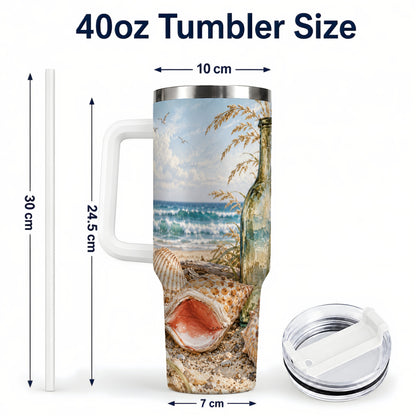 #pl[40oz|White] Beach Seashell 40oz Tumbler with Handle, Coastal Ocean Travel Cup