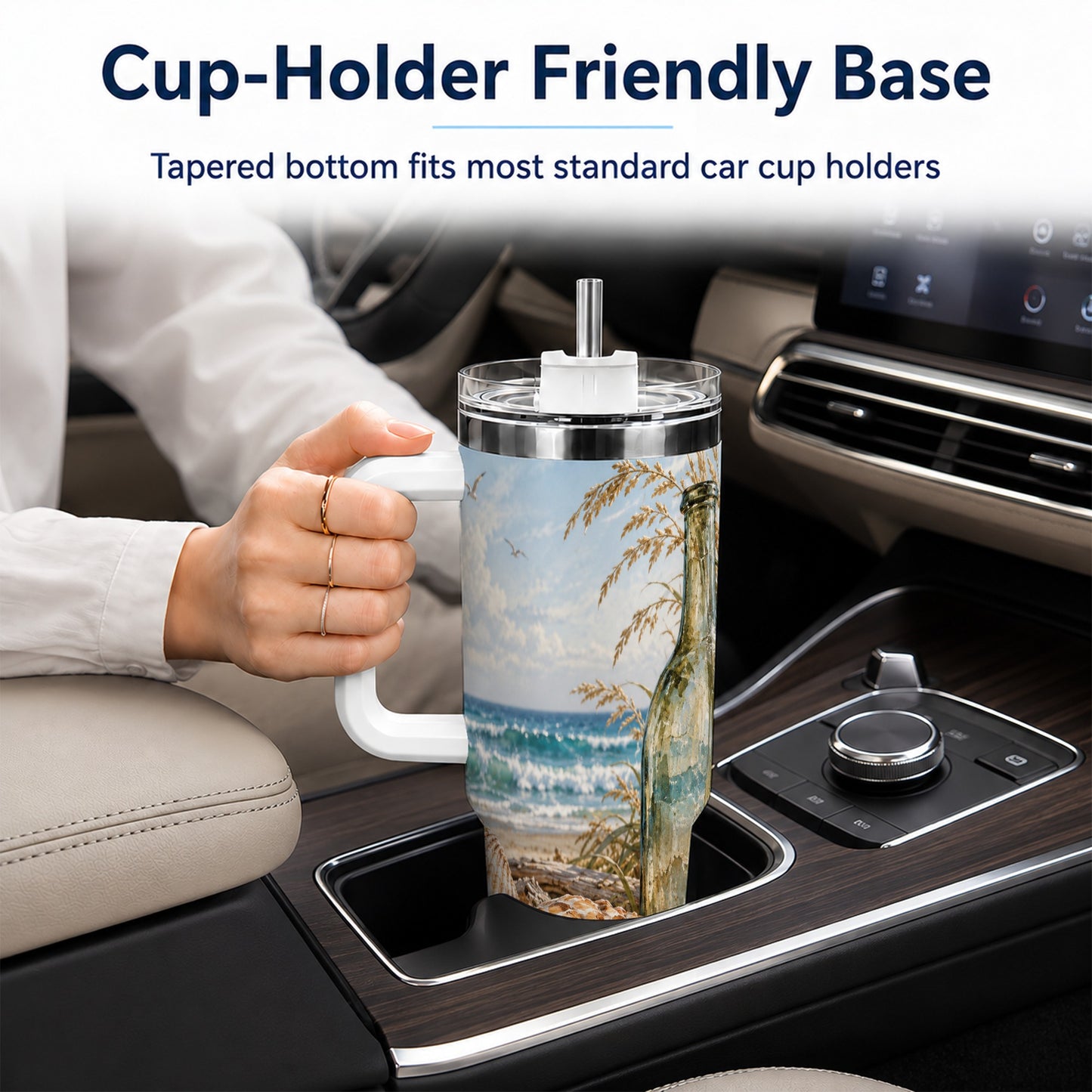 #pl[40oz|White] Beach Seashell 40oz Tumbler with Handle, Coastal Ocean Travel Cup