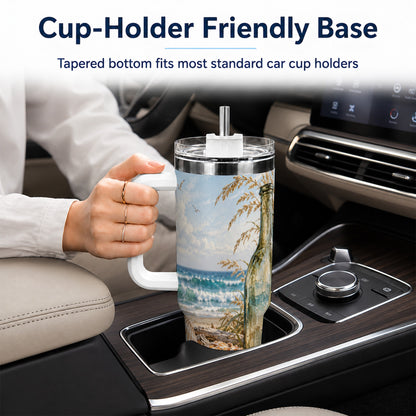 #pl[40oz|White] Beach Seashell 40oz Tumbler with Handle, Coastal Ocean Travel Cup