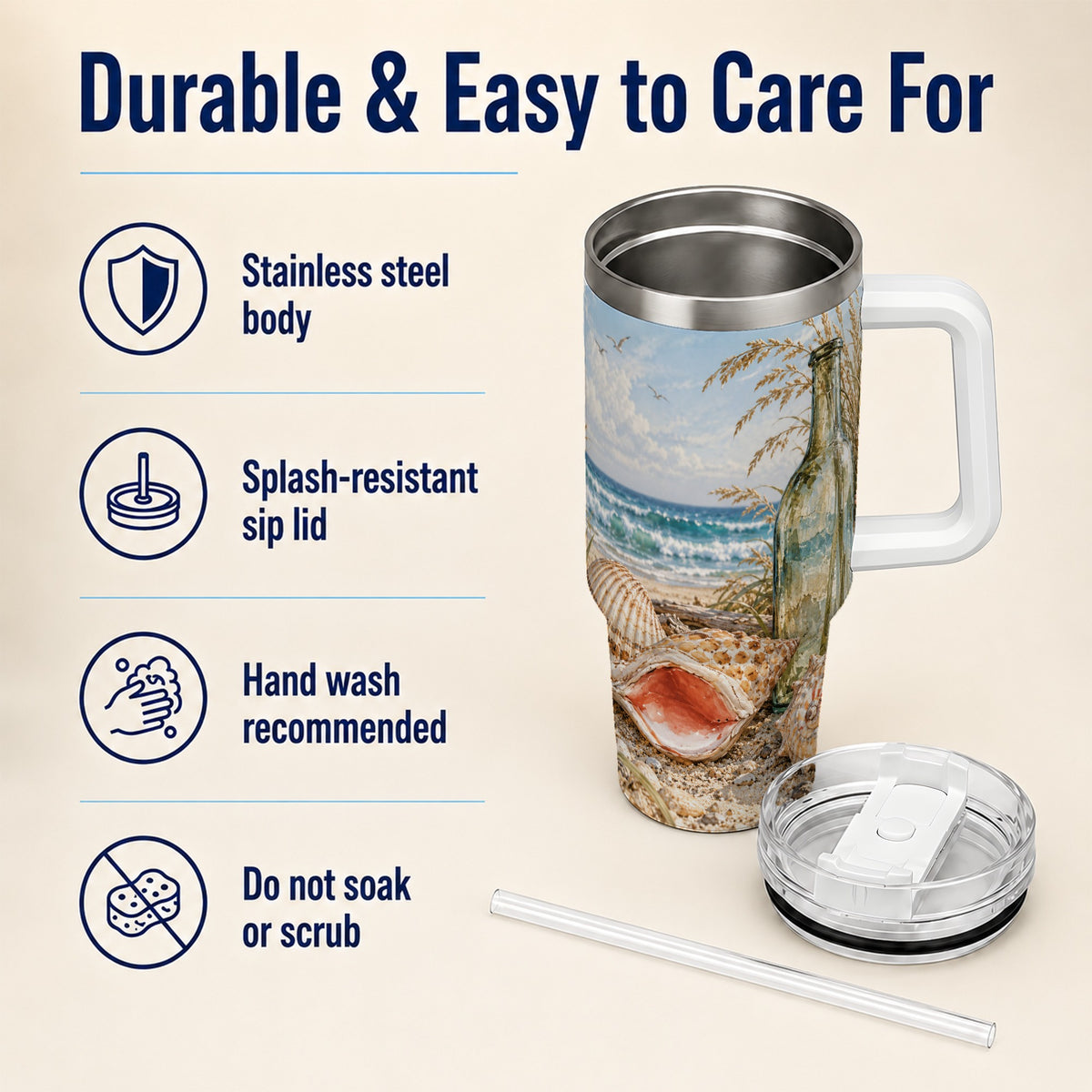 #pl[40oz|White] Beach Seashell 40oz Tumbler with Handle, Coastal Ocean Travel Cup