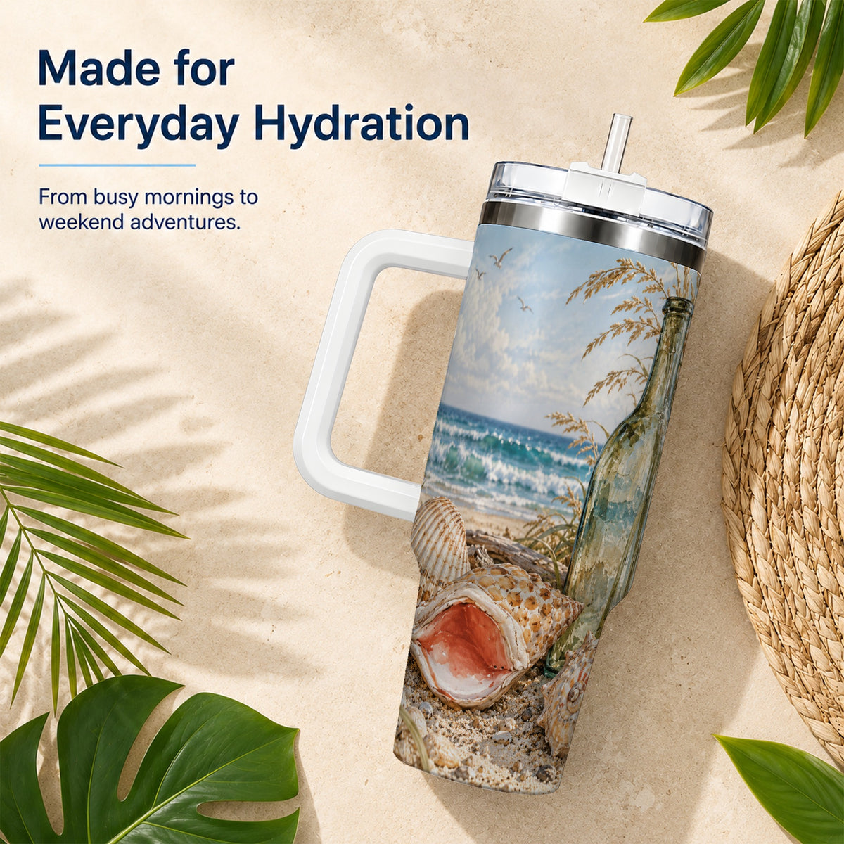 #pl[40oz|White] Beach Seashell 40oz Tumbler with Handle, Coastal Ocean Travel Cup