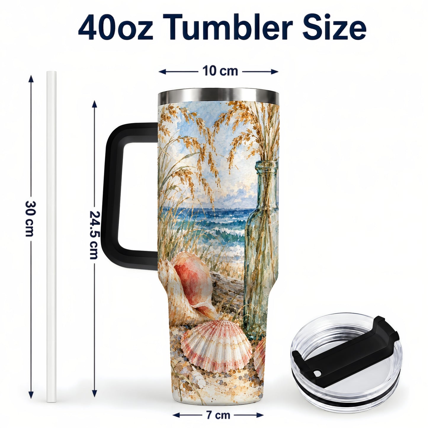 #pl[40oz|Black] Watercolor Seashell 40oz Tumbler with Handle, Coastal Travel Cup, Ocean Art