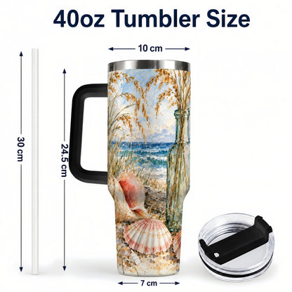 #pl[40oz|Black] Watercolor Seashell 40oz Tumbler with Handle, Coastal Travel Cup, Ocean Art