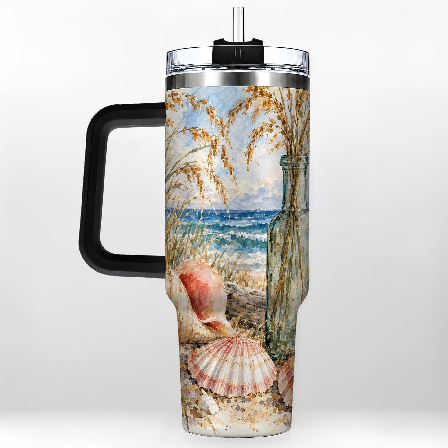 #pl[40oz|Black] Watercolor Seashell 40oz Tumbler with Handle, Coastal Travel Cup, Ocean Art