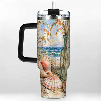 #pl[40oz|Black] Watercolor Seashell 40oz Tumbler with Handle, Coastal Travel Cup, Ocean Art