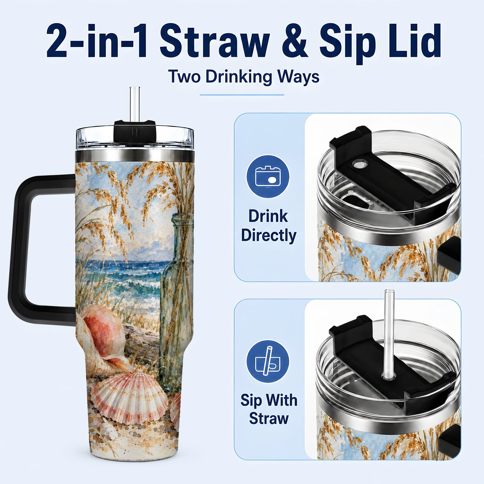 #pl[40oz|Black] Watercolor Seashell 40oz Tumbler with Handle, Coastal Travel Cup, Ocean Art