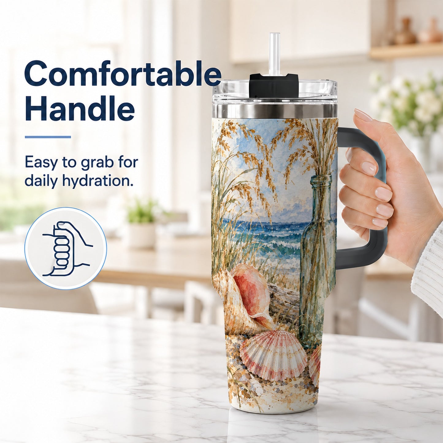 #pl[40oz|Black] Watercolor Seashell 40oz Tumbler with Handle, Coastal Travel Cup, Ocean Art