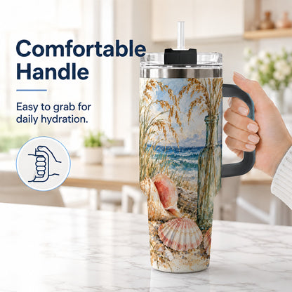 #pl[40oz|Black] Watercolor Seashell 40oz Tumbler with Handle, Coastal Travel Cup, Ocean Art