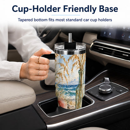#pl[40oz|Black] Watercolor Seashell 40oz Tumbler with Handle, Coastal Travel Cup, Ocean Art