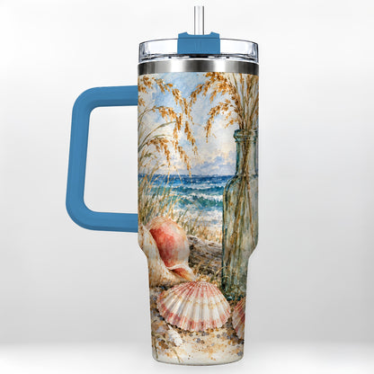 #pl[40oz|Blue] Watercolor Seashell 40oz Tumbler with Handle, Coastal Travel Cup, Ocean Art