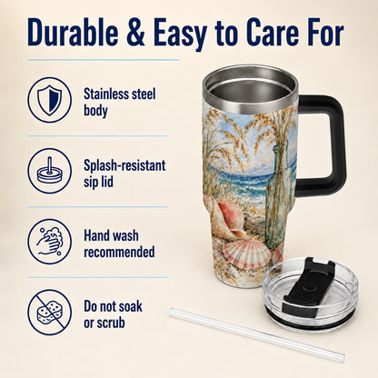 #pl[40oz|Black] Watercolor Seashell 40oz Tumbler with Handle, Coastal Travel Cup, Ocean Art