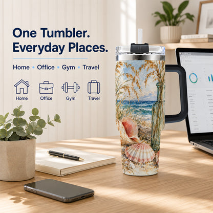 #pl[40oz|Black] Watercolor Seashell 40oz Tumbler with Handle, Coastal Travel Cup, Ocean Art