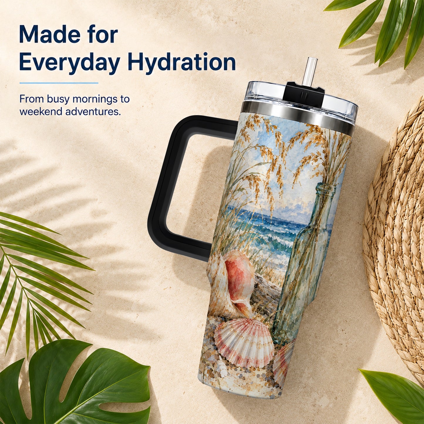 #pl[40oz|Black] Watercolor Seashell 40oz Tumbler with Handle, Coastal Travel Cup, Ocean Art