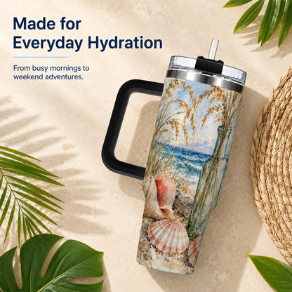 #pl[40oz|Black] Watercolor Seashell 40oz Tumbler with Handle, Coastal Travel Cup, Ocean Art