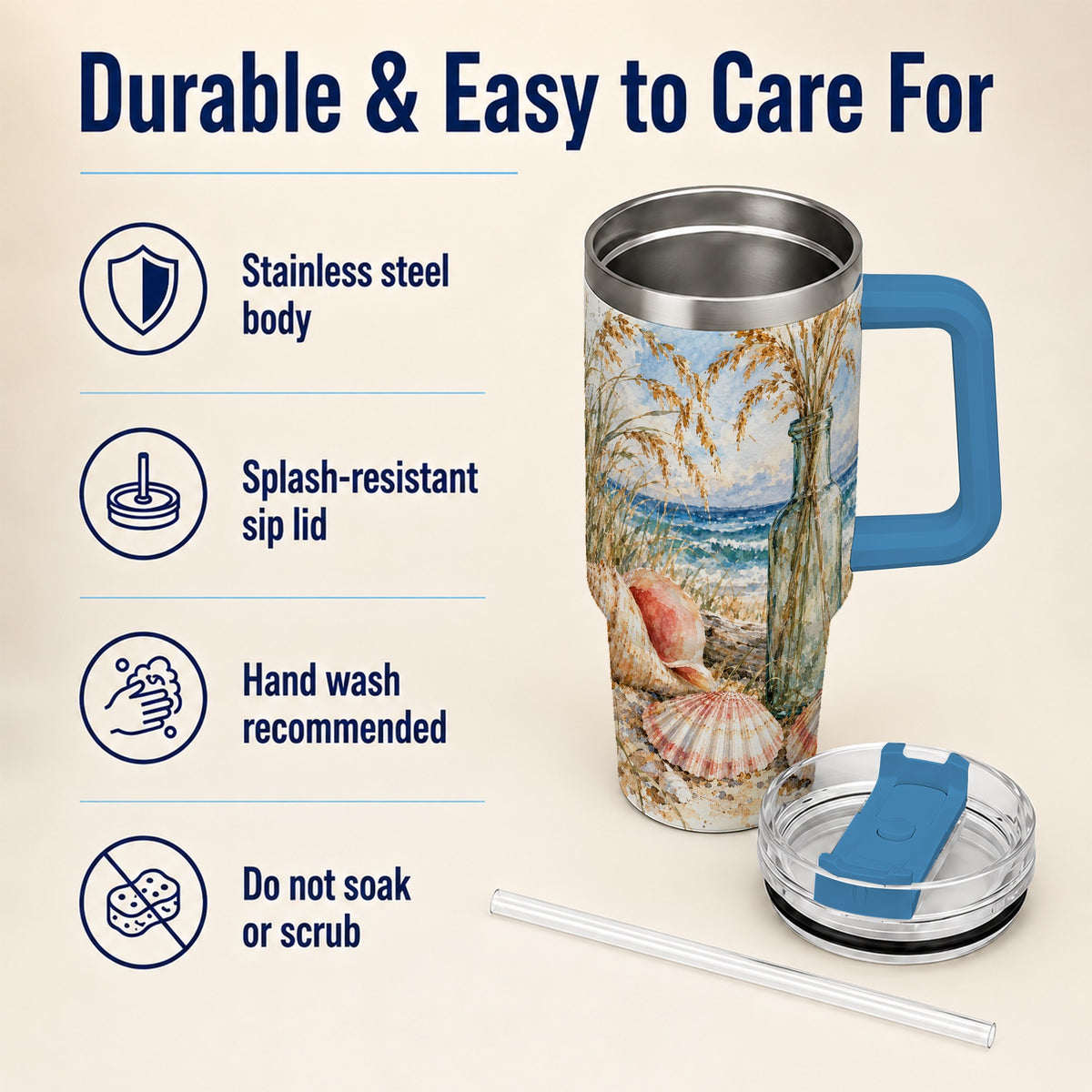 #pl[40oz|Blue] Watercolor Seashell 40oz Tumbler with Handle, Coastal Travel Cup, Ocean Art