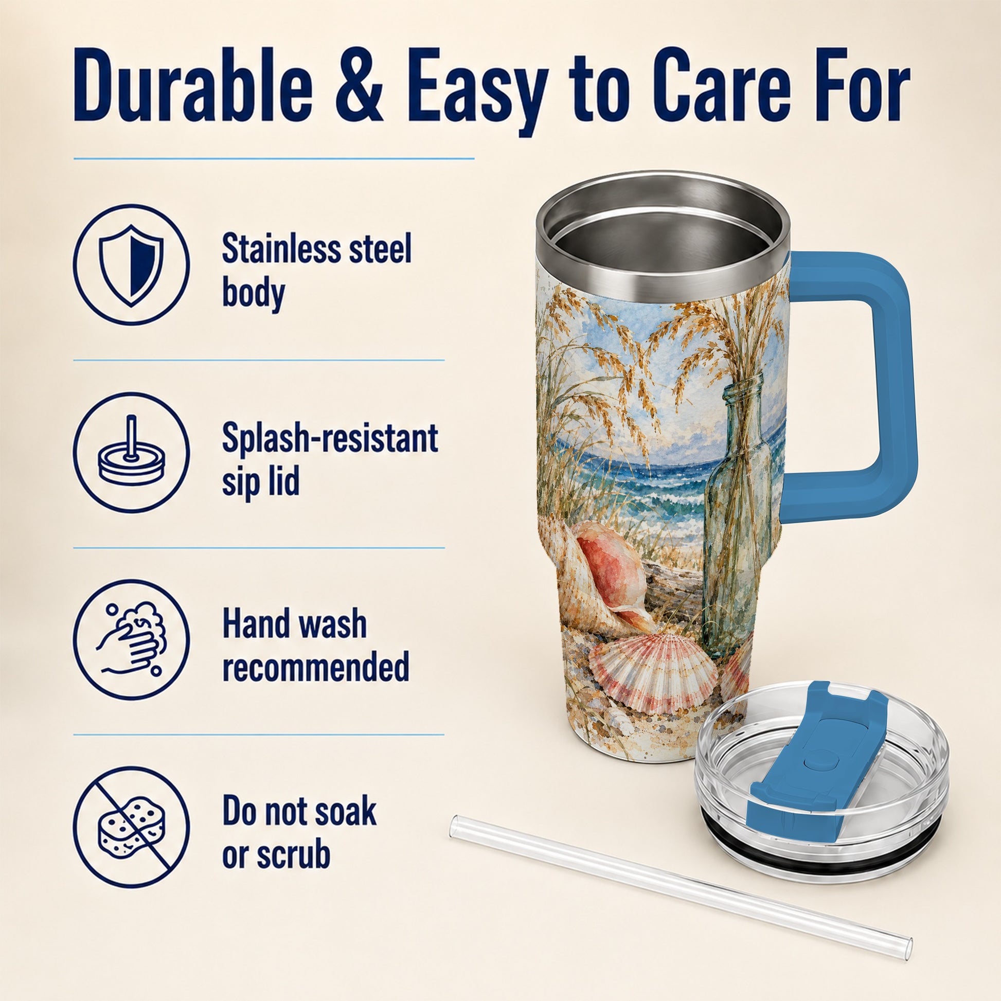 #pl[40oz|Blue] Watercolor Seashell 40oz Tumbler with Handle, Coastal Travel Cup, Ocean Art