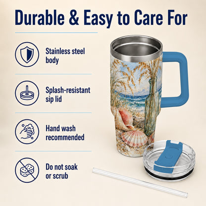 #pl[40oz|Blue] Watercolor Seashell 40oz Tumbler with Handle, Coastal Travel Cup, Ocean Art