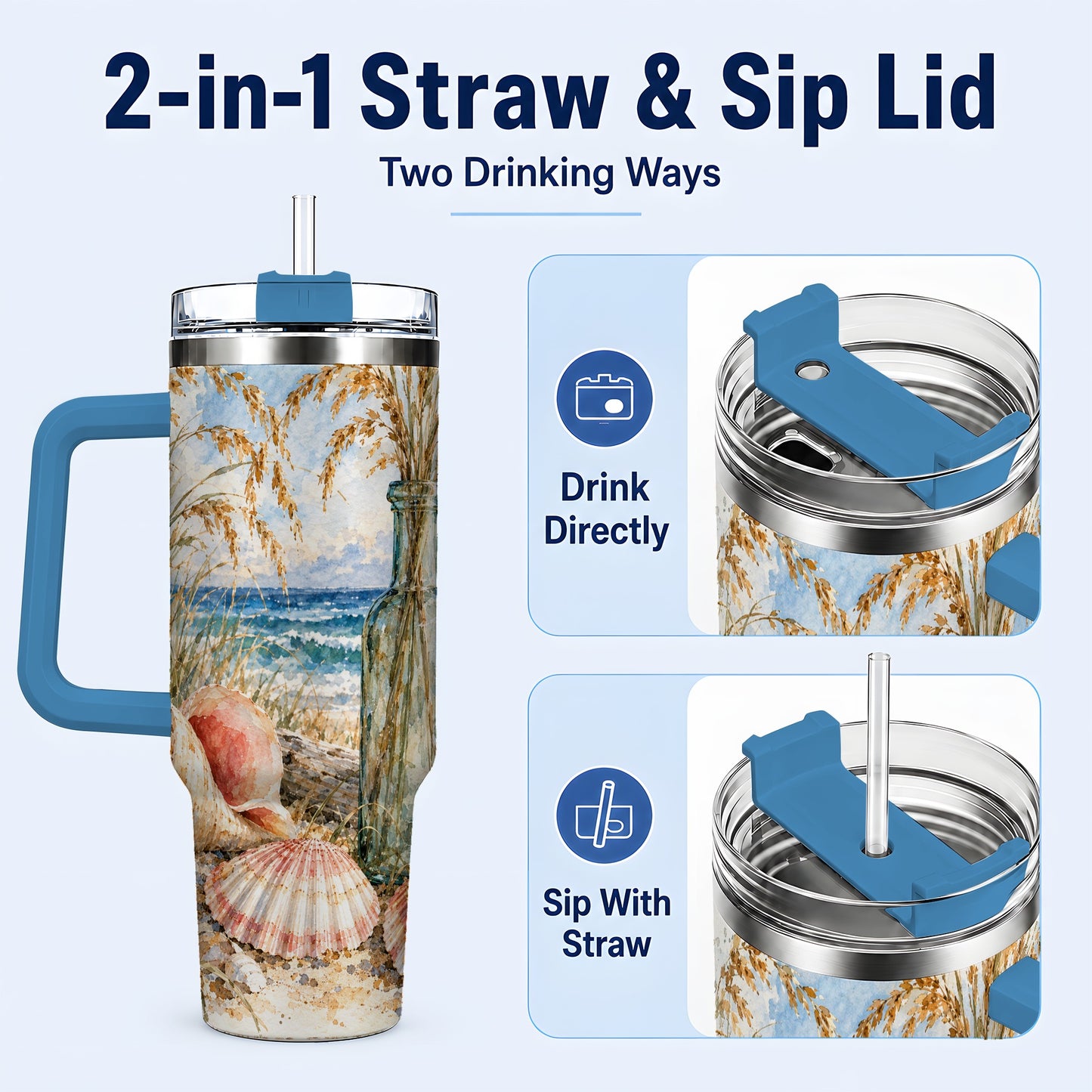 #pl[40oz|Blue] Watercolor Seashell 40oz Tumbler with Handle, Coastal Travel Cup, Ocean Art